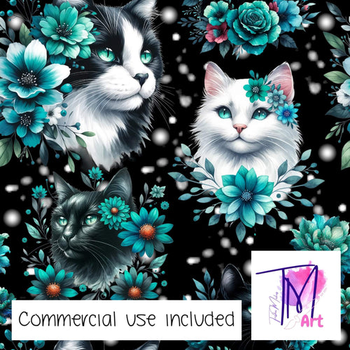 174 - Aqua Floral Cats on Black With Glow (UNLIMITED)