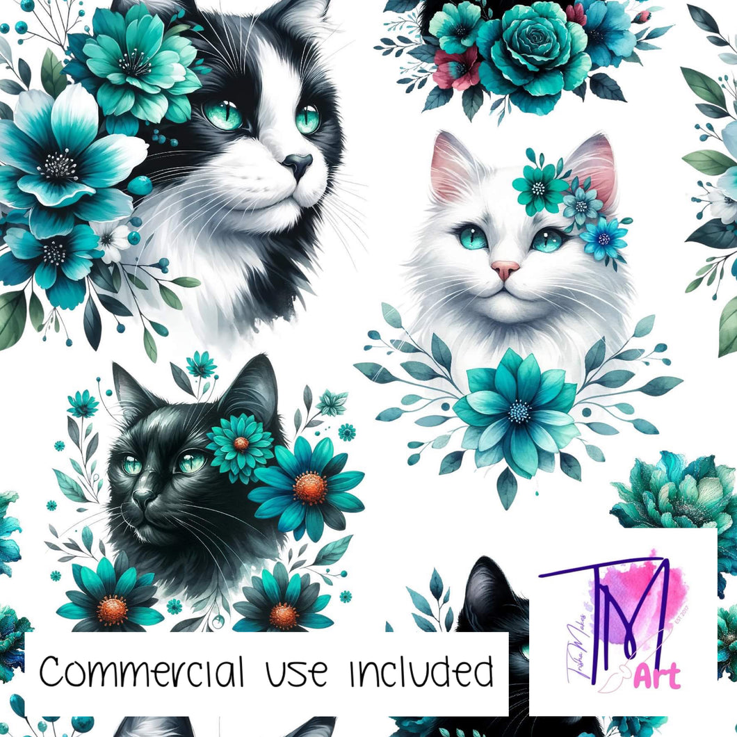 171 - Aqua Floral Cats on White (UNLIMITED)