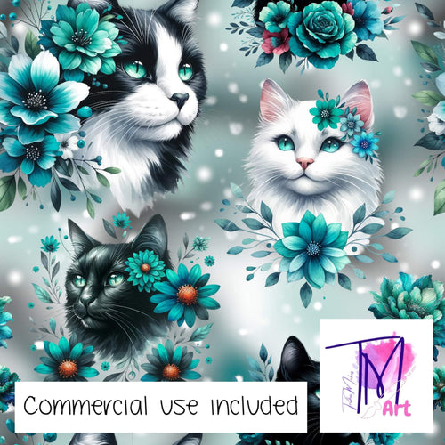 172 - Aqua Floral Cats (UNLIMITED)