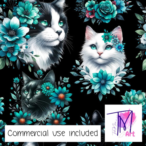 173 - Aqua Floral Cats on Black (UNLIMITED)