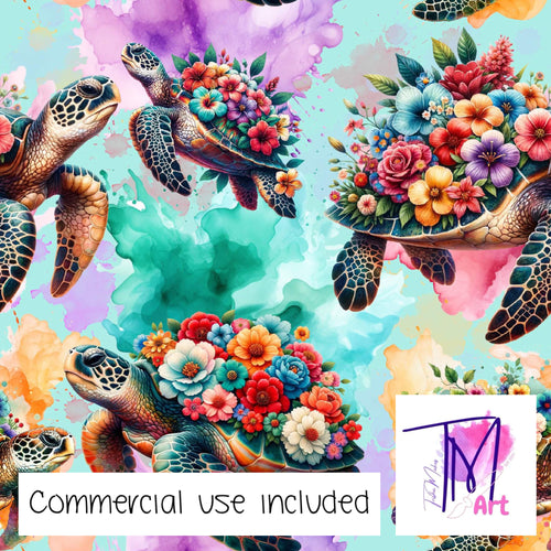 227 - Floral Turtles V2 on Aqua (UNLIMITED)