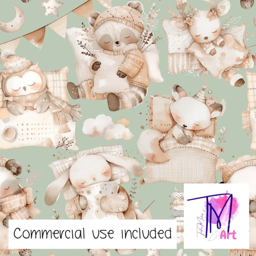 400 - Sleeping Woodland Animals Pale Eucalyptus (UNLIMITED)