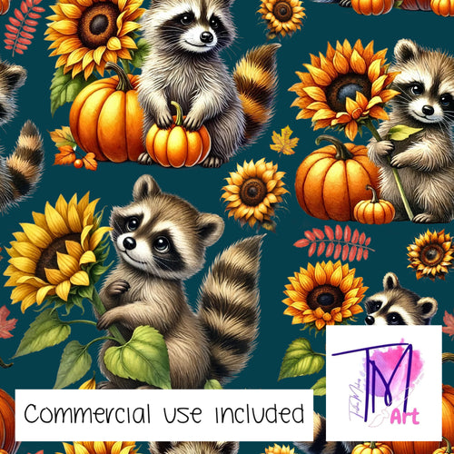 332 - Fall Raccoons on Teal (UNLIMITED)