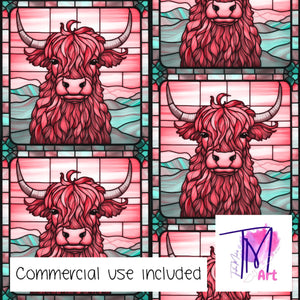 134 Pink Highland Cow Stained Glass - Seamless Pattern (UNLIMITED)