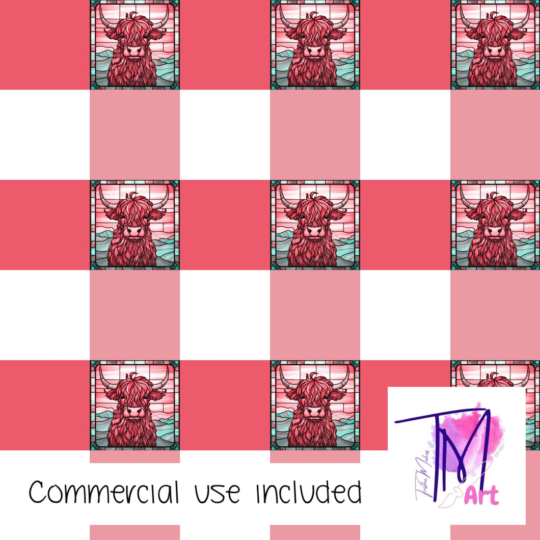 137 Pink Highland Cow Coord Checker Print V2 - Seamless Pattern (UNLIMITED)