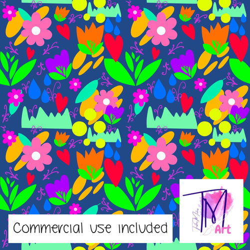 091 Garden Party on Blue - Seamless Pattern (UNLIMITED)