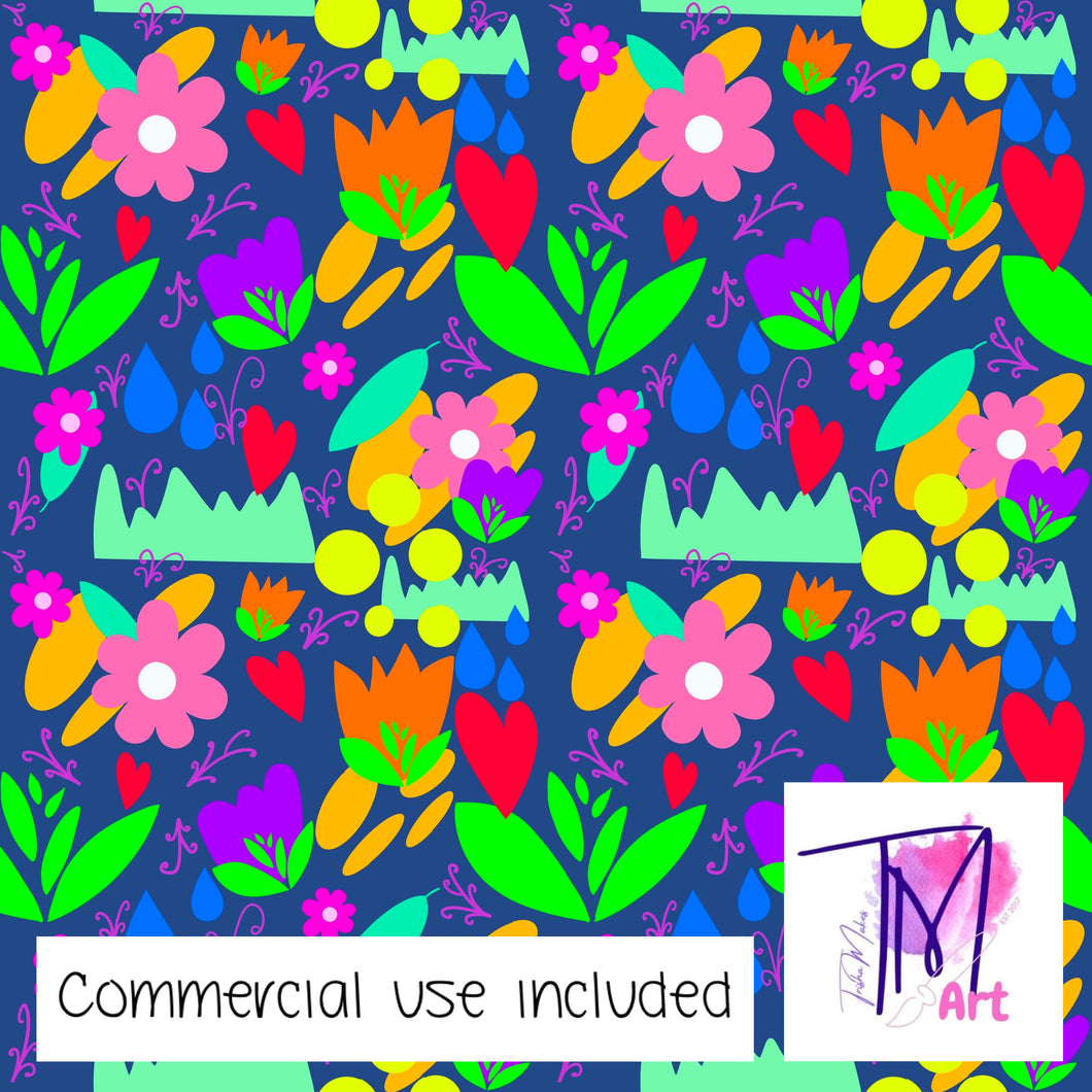 091 Garden Party on Blue - Seamless Pattern (UNLIMITED)