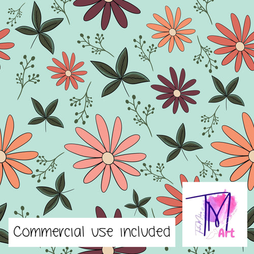 087 Pretty Floral on Pastel Aqua - Seamless Pattern (UNLIMITED)