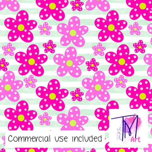 077 Pink Posies on Green Stripes - Seamless Pattern (UNLIMITED)