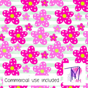 077 Pink Posies on Green Stripes - Seamless Pattern (UNLIMITED)