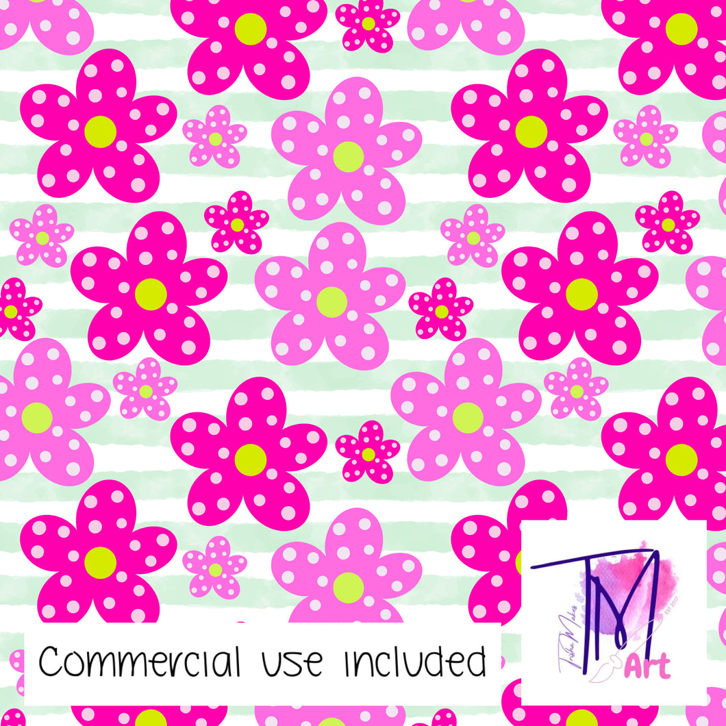 077 Pink Posies on Green Stripes - Seamless Pattern (UNLIMITED)