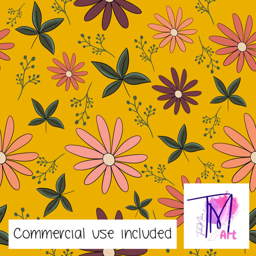 086 Pretty Floral on Mustard - Seamless Pattern (UNLIMITED)