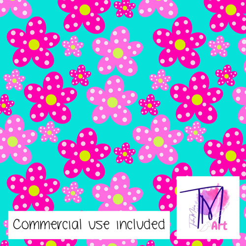 076 Pink Posies on Aqua - Seamless Pattern (UNLIMITED)