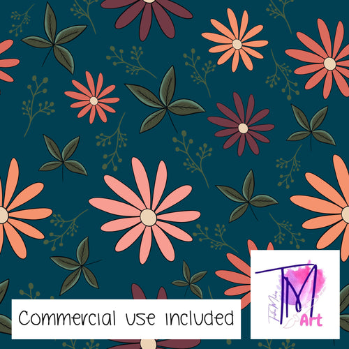 085 Pretty Floral on Deep Aqua - Seamless Pattern (UNLIMITED)