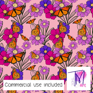 054 Monarch Floral on Pink- Seamless Pattern (UNLIMITED)